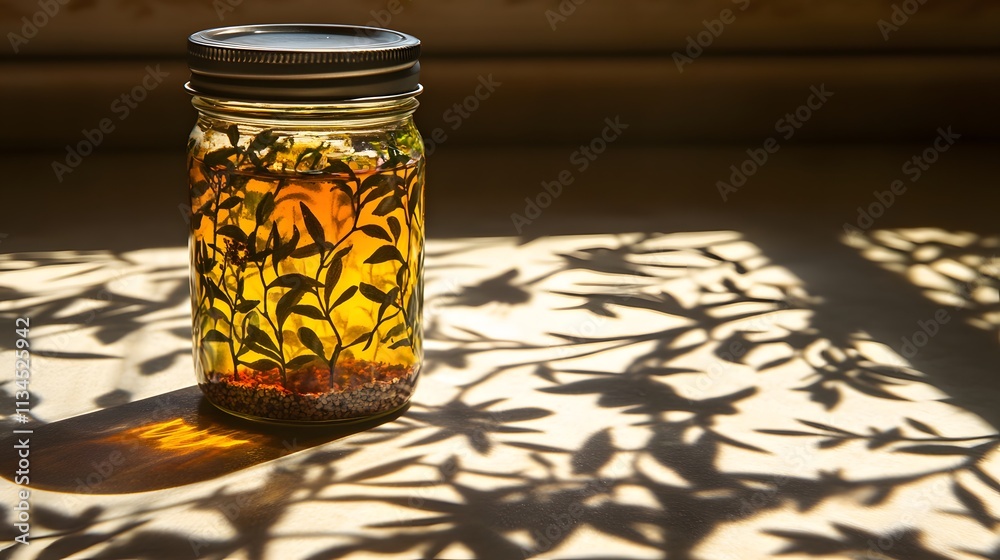 Poster A closeup of a spice jar illuminated by morning light, with shadows of nearby plants creating intricate patterns on the counter