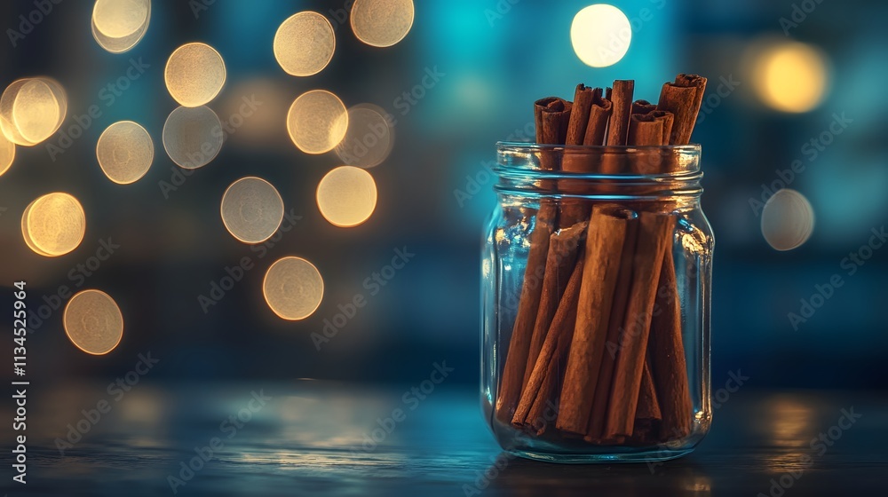 Poster a closeup of a jar of cinnamon sticks on a counter lit by blue hour light, creating a cool and seren