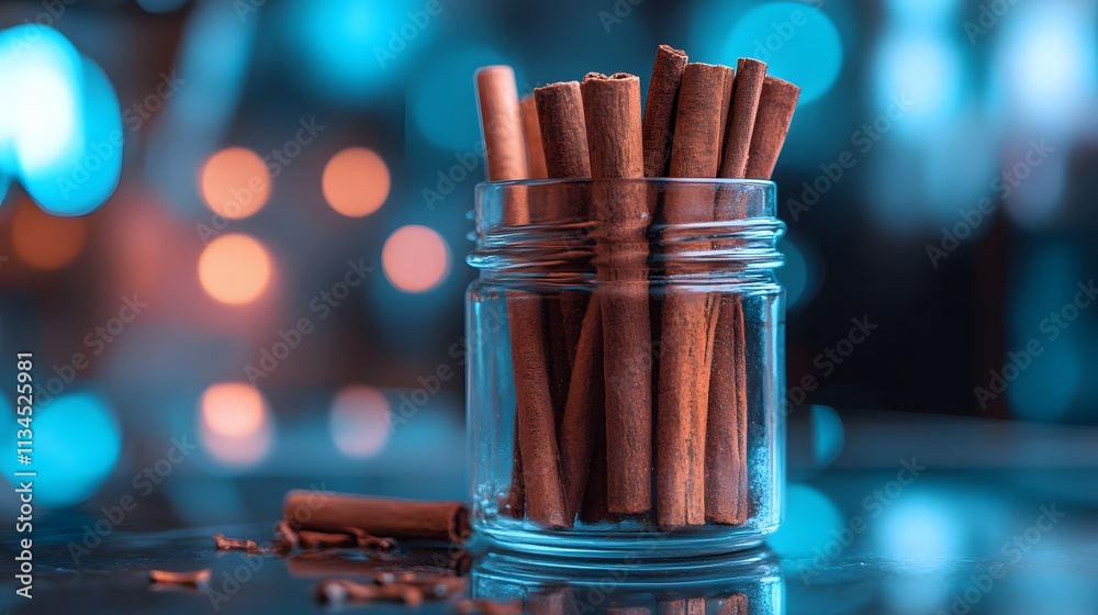 Poster a closeup of a jar of cinnamon sticks on a counter lit by blue hour light, creating a cool and seren