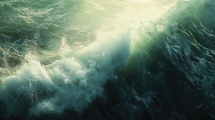 A mesmerizing ocean wave mid-break, with sunlight filtering through its translucent crest