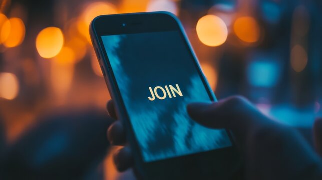 Join Us: A hand interacts with a smartphone displaying the word "JOIN," set against a bokeh backdrop of warm and cool lights.  The image evokes a sense of invitation and connection.