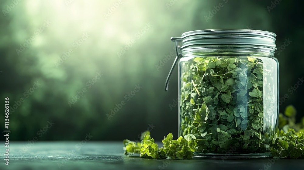 Poster A closeup of a glass jar of herbs on a counter, illuminated by the cool light of a cloudy day, creating a soft and muted tone
