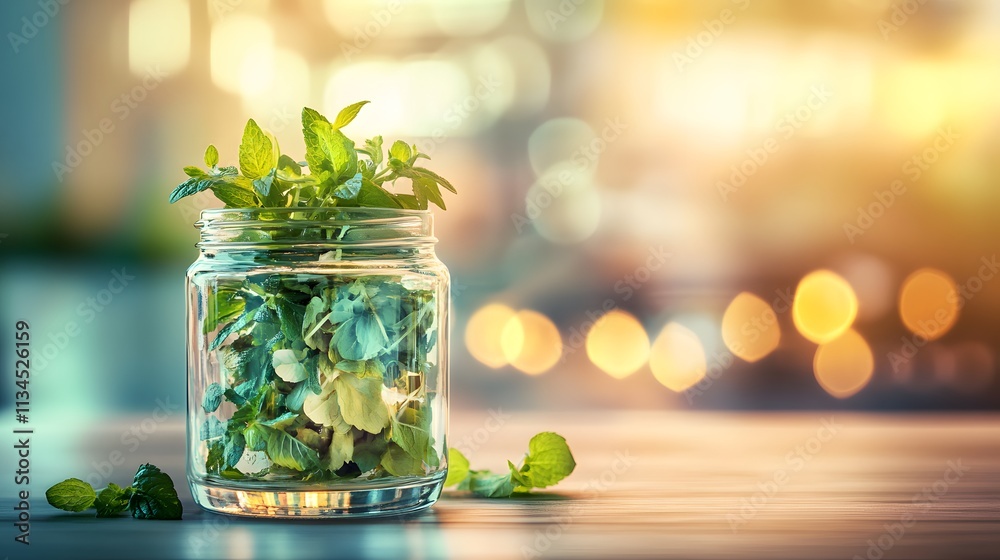 Poster a closeup of a glass jar of herbs on a counter, illuminated by the cool light of a cloudy day, creat