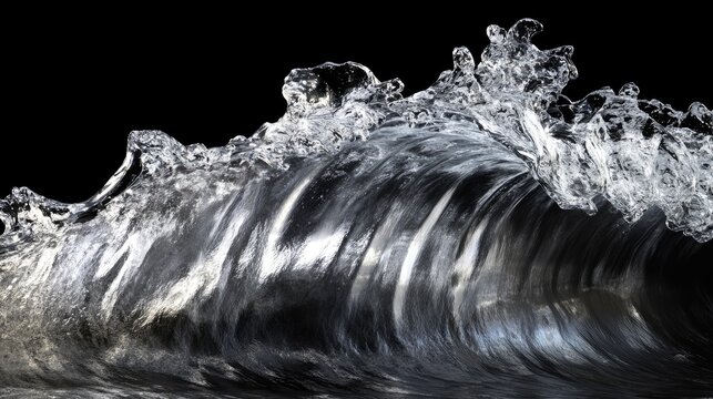 A powerful ocean wave frozen mid-crash, showcasing its intricate textures and dramatic motion