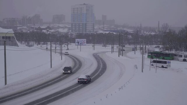the building of the river station in winter on the banks of the Ob River  in Barnaul, Russia.