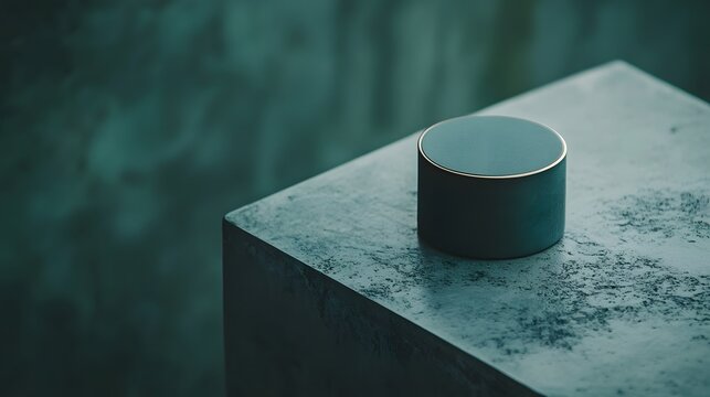 A jar on a minimalist stone table, shot from a bird's-eye view, with focus on geometric alignment and clean aesthetics