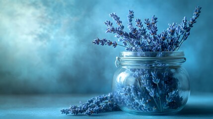 A glass jar filled with dried lavender flowers, placed in soft natural light, evoking a calming natural vibe