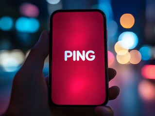 Ping Test on Smartphone in the City Night: A hand holding a smartphone with the word "PING" displayed on the screen, set against the backdrop of a vibrant city night scene.