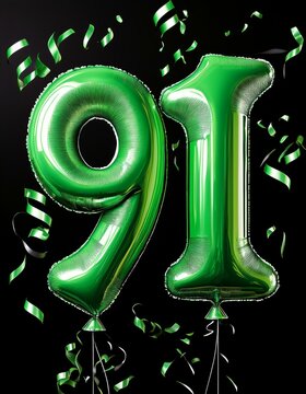 Green birthday / anniversary balloon, number 91, black background with confetti