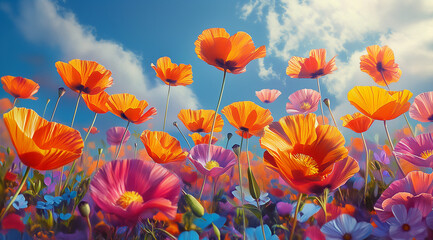 Obraz premium Vibrant orange poppies blooming in a field under a blue sky with clouds and sunlight