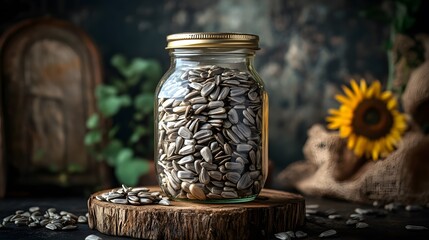 A jar of dried sunflower seeds, with a rustic natural aesthetic
