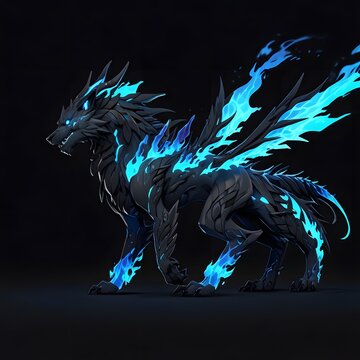 Fierce action of a mythical dragon wolf fantasy realm digital art dark environment dramatic viewpoint creative concept