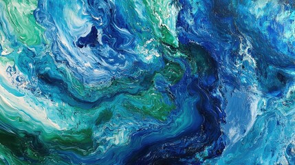 A curling wave frozen in vibrant blue and green hues, showcasing its dynamic textures and power