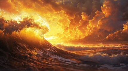 A dramatic ocean wave illuminated by golden sunlight, frozen in mid-air as it crashes
