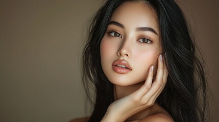 Naklejka premium Portrait of a young woman with flawless skin and natural beauty