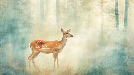 A young deer stands in a misty forest.