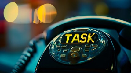 Urgent Task: A close-up shot of an old-fashioned telephone with the word "TASK" illuminated on its display, suggesting an important call or assignment.