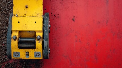 Close-up of yellow construction equipment on red surface.