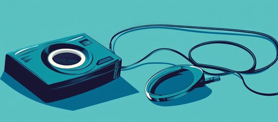 Flat, teal camera with a remote on teal background.