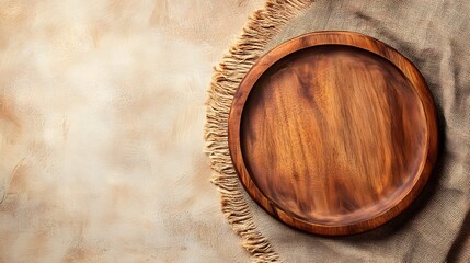 A plain wooden plate on a sandy beige surface, with no additional decor for a minimalist appeal