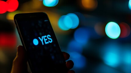 YES!  A glowing phone screen displays a resounding "YES," captured against a vibrant, blurred city lights backdrop.  A moment of triumph, decision, and acceptance. 