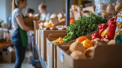 Volunteers at a local food bank organizing donations and distributing meals to families in need. Boxes filled with canned goods, fresh produce, and baked goods line the shelves, while helpers 