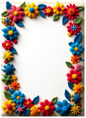 Obraz premium A vibrant and colorful floral frame made from felt flowers and leaves, perfect for creative projects and invitations.