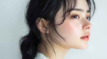 Fototapeta premium Close-up portrait of a woman with glowing skin and freckles
