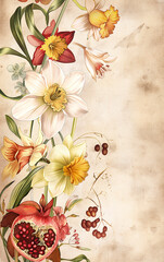 Vintage floral artwork featuring colorful flowers and botanical illustration with a retro touch
