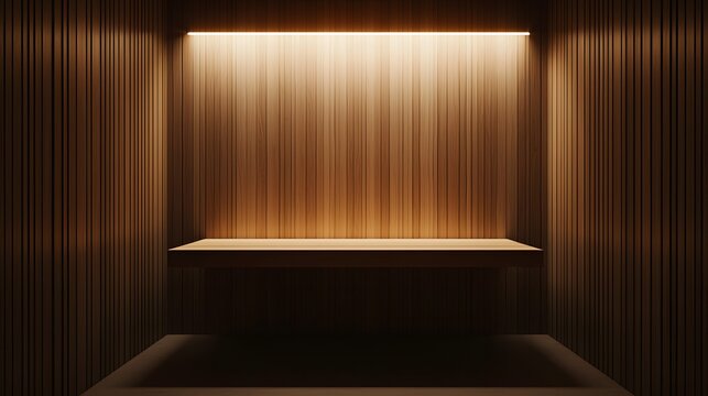 A workspace with a floating desk, soft downlight from the ceiling, and neutral wood paneling, photographed in portrait