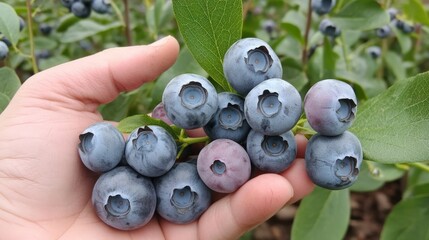 Hand Holding Fresh Blueberries in Farm Setting