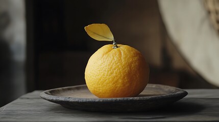 Single Orange on a Wooden Plate