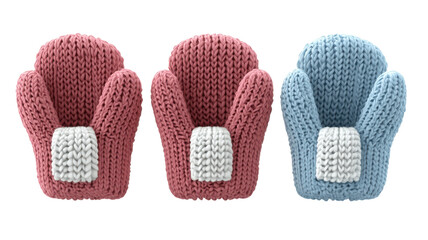 Cozy knitted mittens arranged together in playful colors on a transparent background.