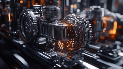 Obraz premium Close-up of intricate metallic gears and engine components, illuminated with warm orange light.