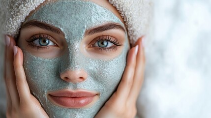 A woman applies a green facial mask, promoting skincare and relaxation.