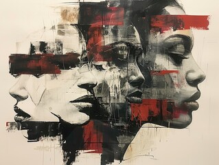 Powerful abstract artwork featuring a series of overlapping faces rendered in monochromatic tones with striking red accents, exploring themes of identity and emotion through dynamic brushwork and expr