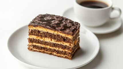 a piece of cake with a cup of coffee on a white background