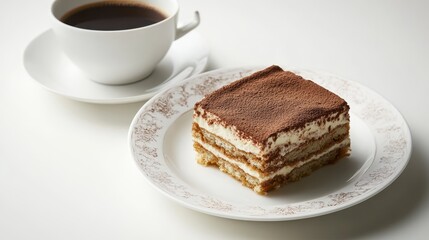 a piece of cake with a cup of coffee on a white background