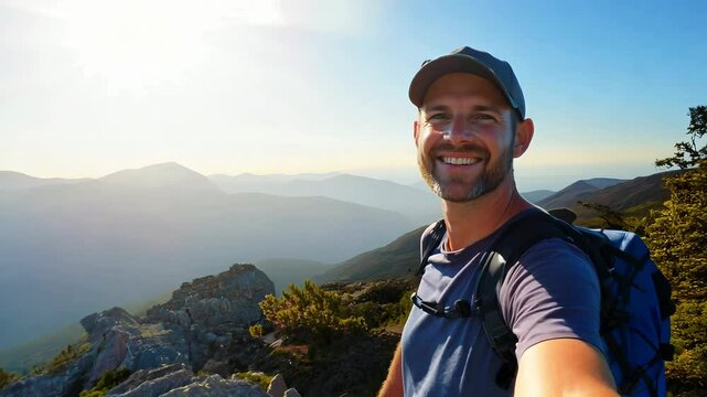 Man with confident pose on a mountain summit, bright sunlight behind, vast scenic landscape, adventure and freedom, embracing nature's beauty and challenges