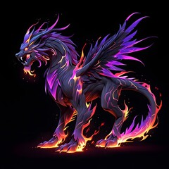 Fiery winged beast roars in digital fantasy art imagination realm illustration vivid colors dramatic perspective