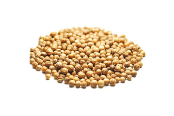 Coriander seed isolated, a pile of coriander seeds close up isolated on white background