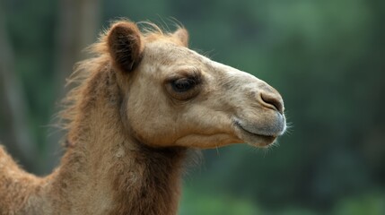  A close up of a camel's face with a green background