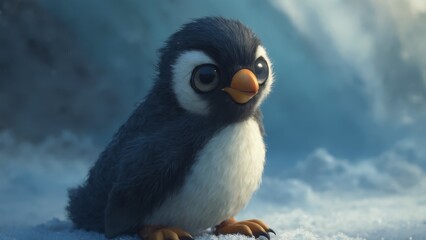 A small penguin sitting on top of a snow covered ground