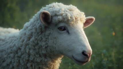 A close up of a white sheep standing in a field