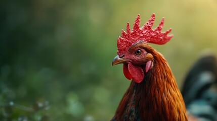 A close up of a rooster with a red comb on its head