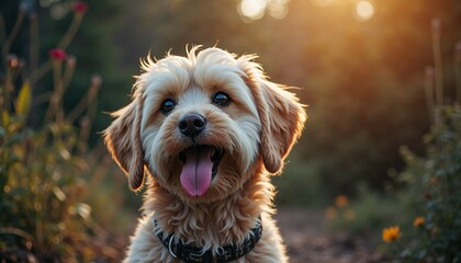 Happy Fluffy Dog with Playful Expression Sitting in Garden During Golden Hour