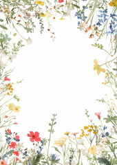 Obraz premium Spring floral frame with colorful blossoms, foliage, and delicate wildflowers in a decorative border