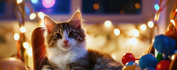 Playful kitten sitting among colorful toys with festive lights in a cozy warm room setting