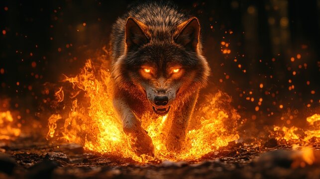Fiery wolf emerging from flames in dark forest.