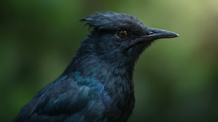 A close up of a black bird with a green background